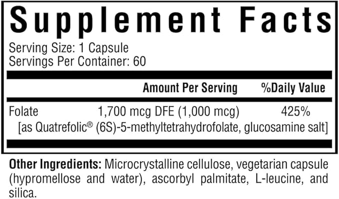 Seeking Health L-5-MTHF, Supports Healthy Methylation, Easily Absorbed Methyl Folate Supplement, MTHFR Support Supplement, 1,700 mcg DFE, Vegetarian (60 capsules)