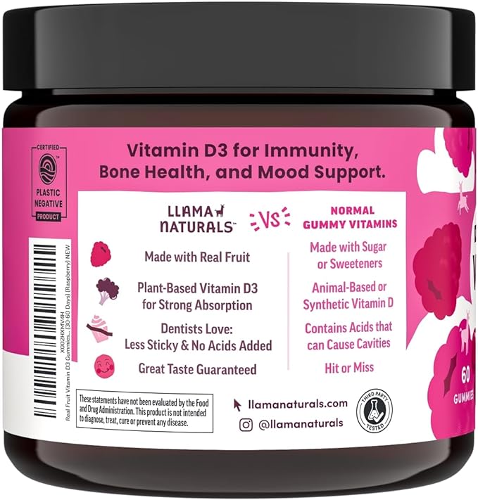 Llama Naturals Vitamin D3 Gummies for Kids & Adults, Real Fruit Gummy Vitamins for Immune Support, Healthy Bones & Overall Health, Organic, Vegan, No Sugar Added, Raspberry, 60 Ct (30-60 Day Supply)