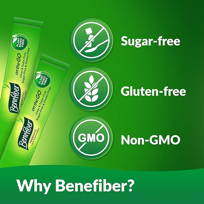 Benefiber On The Go Prebiotic Fiber Supplement Powder for Digestive Health, Daily Powder, Unflavored Stick Packs - 36 Sticks (Pack of 2)