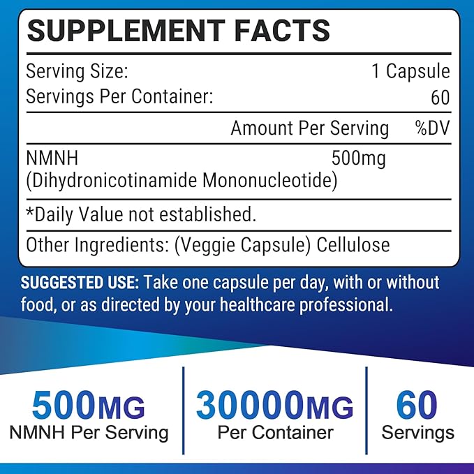 NMNH (Dihydronicotinamide Mononucleotide), 500mg per Serving NAD Supplement to Boost NAD+ Levels as We Age (May Be More Effective Than Nicotinamide Riboside) for Anti Aging, Energy, Focus - 60 Capsule