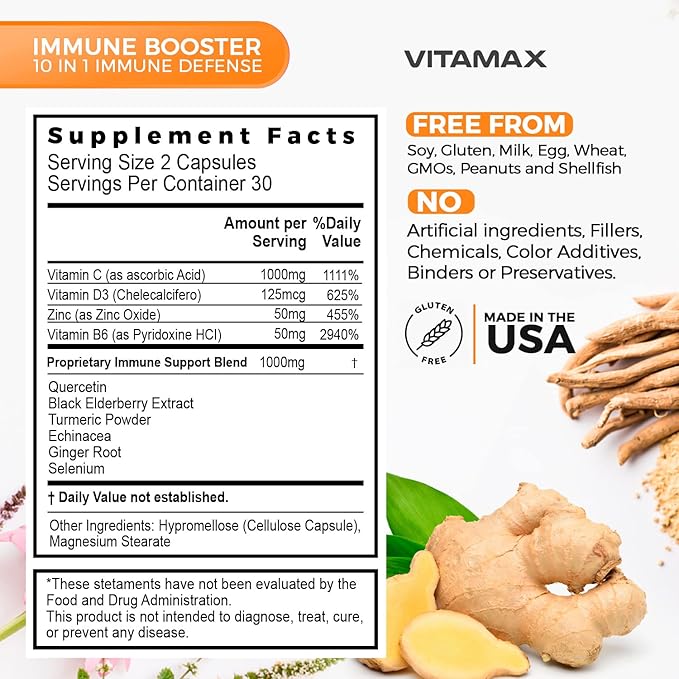 10-in-1 Immune System Support Booster with Elderberry, D3, Selenium, Quercetin, Zinc, Vitamin C, Ginger, Turmeric Curcumin, B6, Echinacea – Natural Immune Defense – Made in USA (60 Count (Pack of 2))