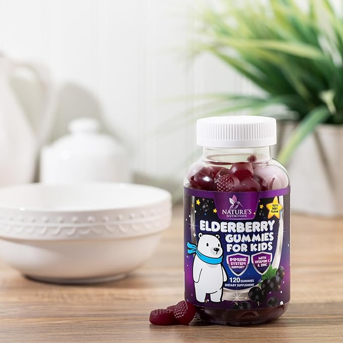 Sambucus Elderberry Immune Gummies for Kids with Vitamin C, Zinc & Elderberry, Daily Childrens Immune Support Vitamins Gummy Children Ages 4 Up, Natures Supplement, Non-GMO, Berry Flavor, 120 Gummies