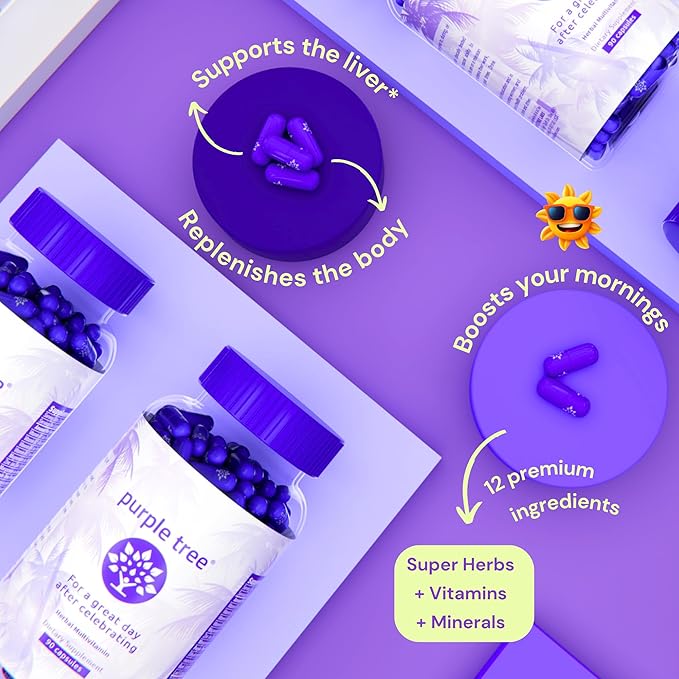 purple tree Post Celebration Wellness Vitamins | Liver Support, Body Replenisher, Rapid Hydration | Dihydromyricetin DHM, Milk Thistle, Electrolytes, Vitamin B, Willow Bark, Quercetin (60 Pills)