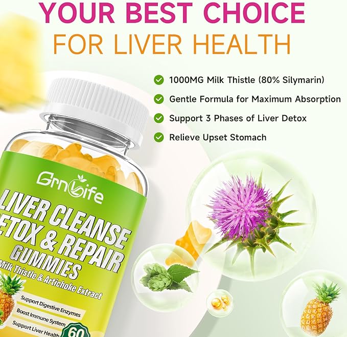 Liver Cleanse Detox & Repair Gummies with Milk Thistle 3000mg, 24-in-1 Liver Health Supplement with Dandelion, Artichoke, Sugar Free Liver Detox Gummies, Pineapple Flavor - 120 Count