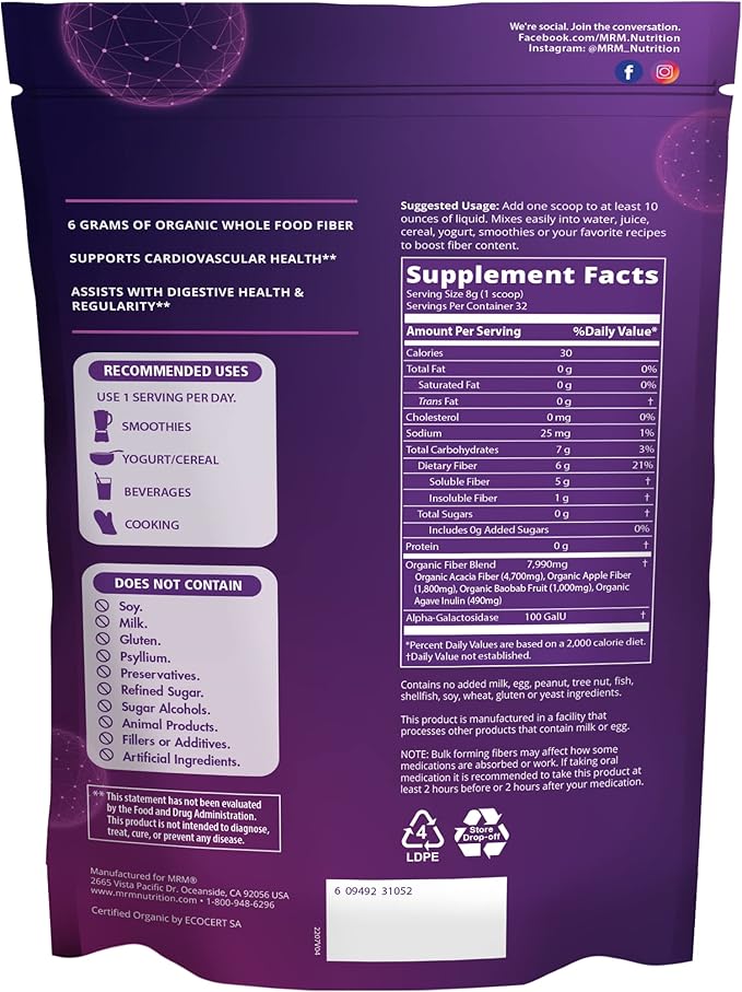 MRM Nutrition Whole Food Organic Fiber | with Enzymes + Prebiotics | Insoluble + Soluble fibers | Digestive Health + Regularity | 6g Fiber per Serving | 32 Servings