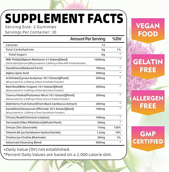 Liver Cleanse Detox & Repair Gummies with Milk Thistle 3000mg, 24-in-1 Liver Health Supplement with Dandelion, Artichoke, Sugar Free Liver Detox Gummies, Pineapple Flavor - 120 Count