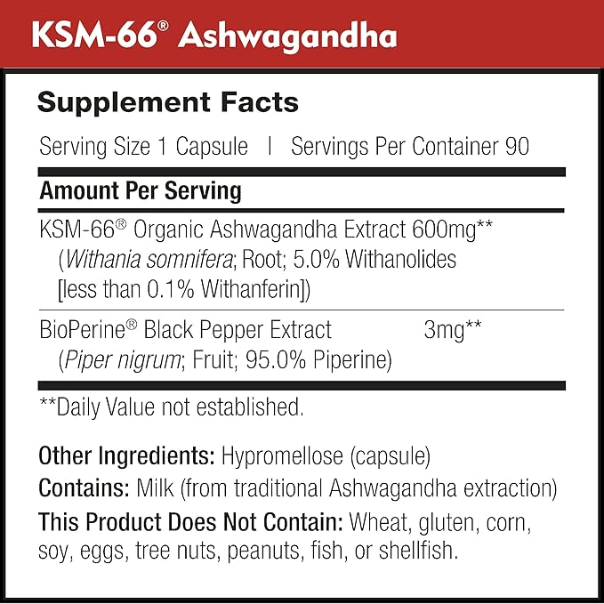 KSM-66 Ashwagandha 600mg Organic Root Extract - High Potency Supplement with 5% Withanolides | Supports Relaxation, Focus, & Energy (90 Capsules)