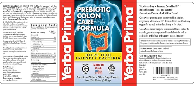 Yerba Prima Prebiotic Colon Care Formula, 20 oz Powder with FOS - Natural Psyllium Fiber, Magnesium, Selenium - Non-GMO, Gluten Free, Vegan Daily Supplement - for Men & Women