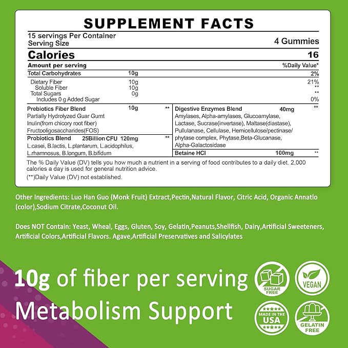 Fiber Gummies for Adults, Sugar Free 10g Prebiotic Fiber Supplement with Digestive Enzymes, Probiotics & 100mg Betaine for Digestive & Gut Health and Regulate Bowel Movement, Vegan, Gelatin Free,120ct