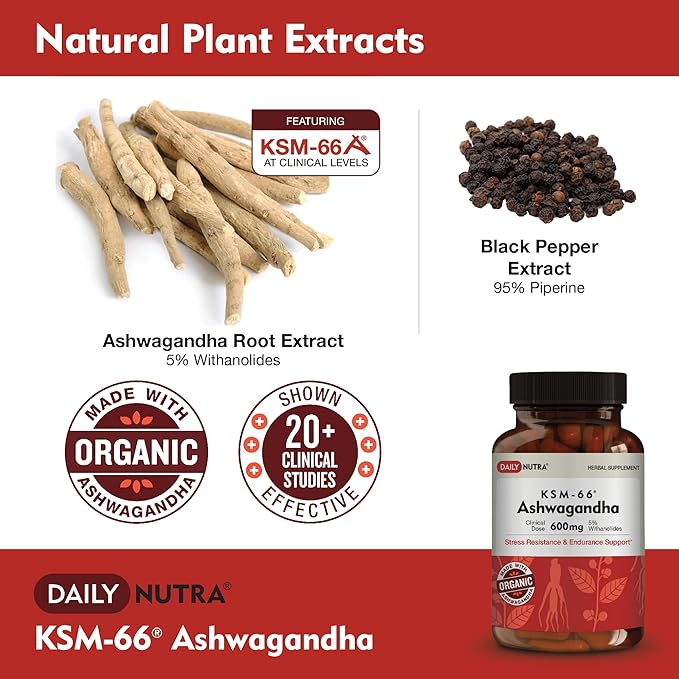 KSM-66 Ashwagandha 600mg Organic Root Extract - High Potency Supplement with 5% Withanolides | Supports Relaxation, Focus, & Energy (90 Capsules)