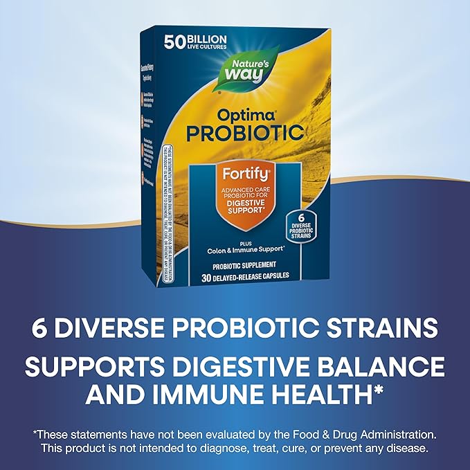 Nature's Way Fortify Optima Probiotic for Men and Women, 50 Billion Live Cultures, 6 Strains, Supports Digestive and Immune Health*, 30 Capsules (Packaging May Vary)
