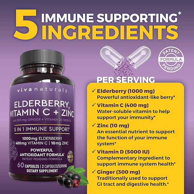 Viva Naturals Sambucus Elderberry with Zinc and Vitamin C for Adults, Vitamin D 5000 IU and Ginger - Immune Support Supplement, 60 Count - Black Dried Elderberry Capsules for Adults