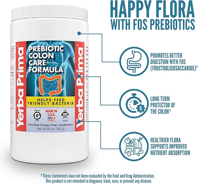 Yerba Prima Prebiotic Colon Care Formula, 20 oz Powder with FOS - Natural Psyllium Fiber, Magnesium, Selenium - Non-GMO, Gluten Free, Vegan Daily Supplement - for Men & Women
