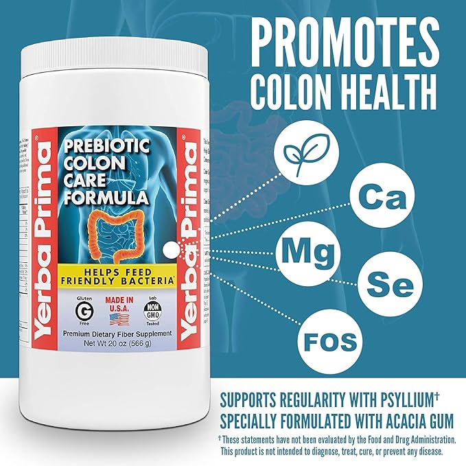 Yerba Prima Prebiotic Colon Care Formula, 20 oz Powder with FOS - Natural Psyllium Fiber, Magnesium, Selenium - Non-GMO, Gluten Free, Vegan Daily Supplement - for Men & Women