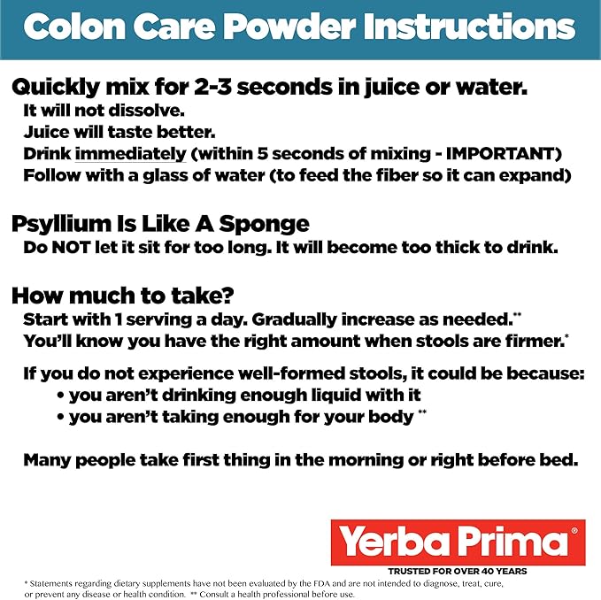 Yerba Prima Prebiotic Colon Care Formula, 20 oz Powder with FOS - Natural Psyllium Fiber, Magnesium, Selenium - Non-GMO, Gluten Free, Vegan Daily Supplement - for Men & Women