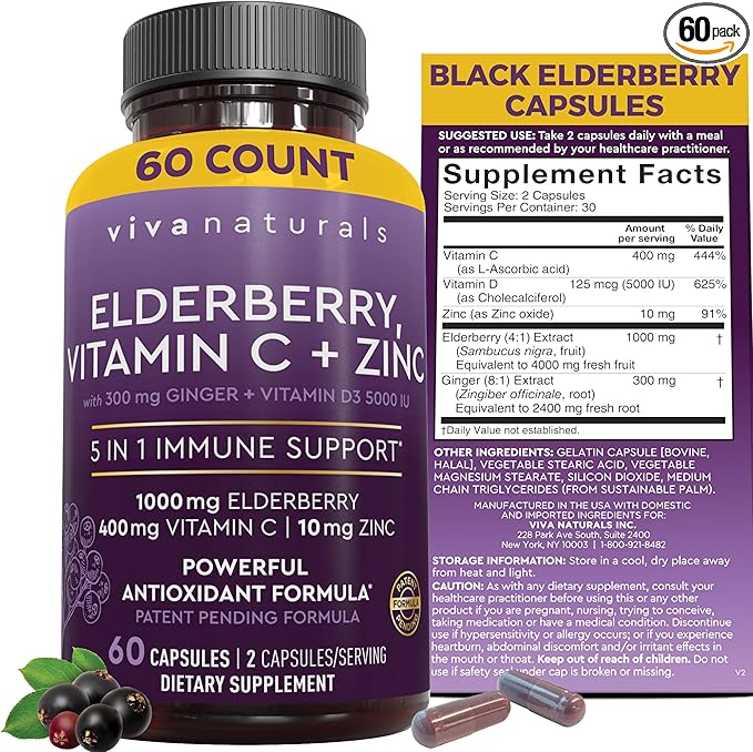 Viva Naturals Sambucus Elderberry with Zinc and Vitamin C for Adults, Vitamin D 5000 IU and Ginger - Immune Support Supplement, 60 Count - Black Dried Elderberry Capsules for Adults