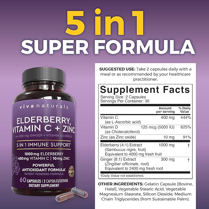 Viva Naturals Sambucus Elderberry with Zinc and Vitamin C for Adults, Vitamin D 5000 IU and Ginger - Immune Support Supplement, 60 Count - Black Dried Elderberry Capsules for Adults