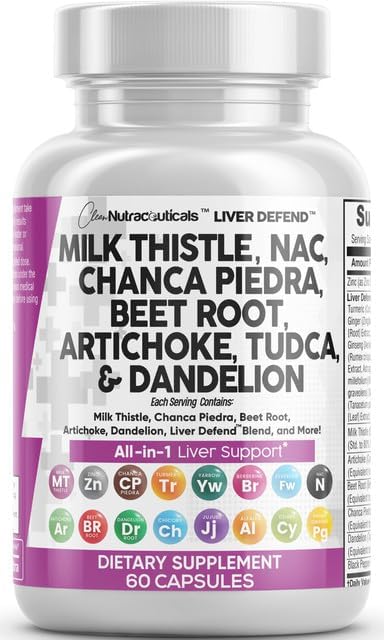Clean Nutraceuticals Milk Thistle NAC Chanca Piedra Beet Root Artichoke Dandelion Root - Liver Cleanse Detox & Repair Supplement Plus TUDCA Choline & Ginger 60 Count