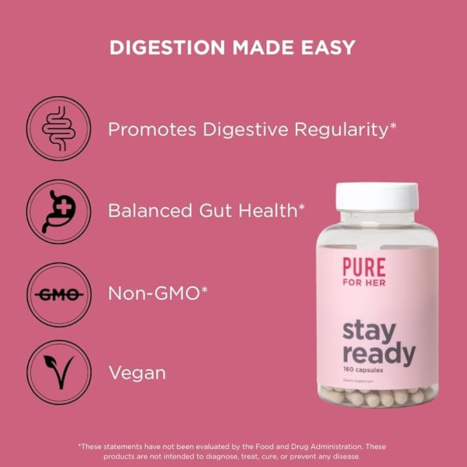 Pure for Her Vegan Stay Ready Fiber Supplement for Women | Bloat & Gas Relief, Supports Digestive Health, Regularity & Appetite Control | 160 Capsules