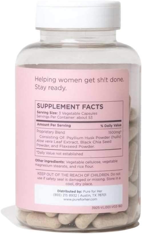 Pure for Her Vegan Stay Ready Fiber Supplement for Women | Bloat & Gas Relief, Supports Digestive Health, Regularity & Appetite Control | 160 Capsules