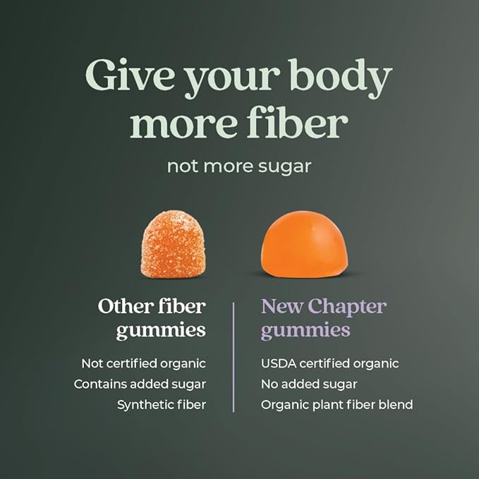 New Chapter Organic Fiber Gummies for Adults, up to 8g Plant-Based Prebiotic Fiber for Digestive Health, Vegan, Non-GMO, USDA Organic, Gluten Free, Citrus-Berry Flavored, 60 ct