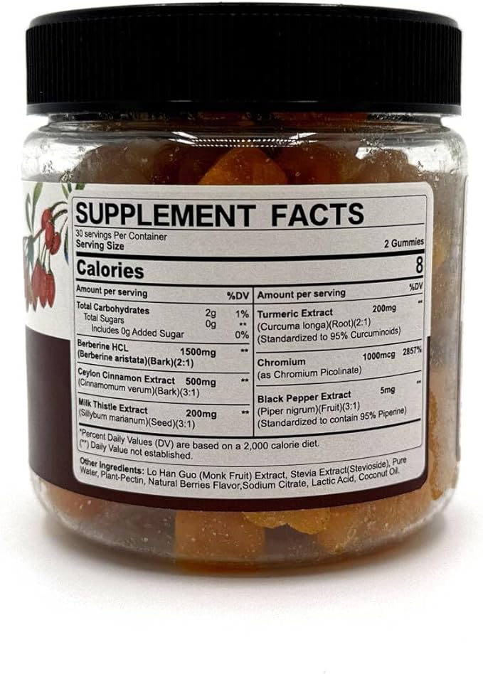 Berberine Gummies 1500mg Sugar Free, Organic Berberine Supplement w/Ceylon Cinnamon, Chromium, Turmeric, Milk Thistle for Metabolism Balanced, Berberine HCl from Indian Barberry Extract, Vegan 60 Cts