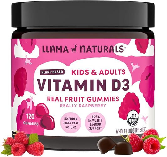 Llama Naturals Real Fruit Vitamin D3 Gummies Kids & Adults; No Added Sugar Cane, Organic Vitamin D, Vegan, 200% DV Each; (120 CT, 60-120 Days, Raspberry)