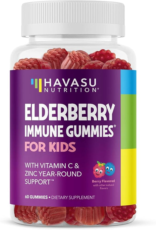 Elderberry Gummies for Kids with Zinc and Vitamin C - Immune Support Supplement for Children - 60 Count, Vegan, Berry Flavor - Convenient Daily Defense with Antioxidants and Essential Nutrients