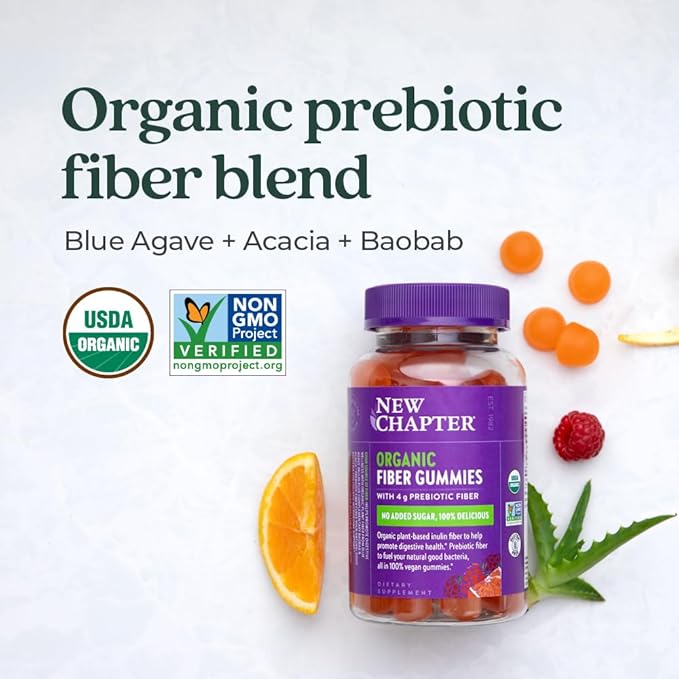 New Chapter Organic Fiber Gummies for Adults, up to 8g Plant-Based Prebiotic Fiber for Digestive Health, Vegan, Non-GMO, USDA Organic, Gluten Free, Citrus-Berry Flavored, 60 ct