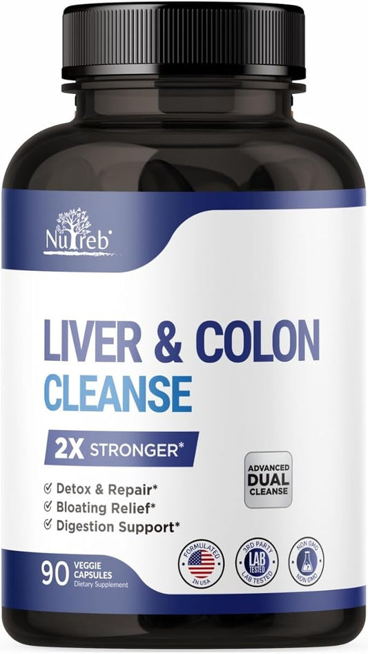 Liver Detox & Colon Cleanse - 2X Stronger Cleanse - Liver Cleanse Detox & Repair - Colon Cleanser & Detox - Premium Liver Support Supplement - Men & Women - Vegan 90 Capsules