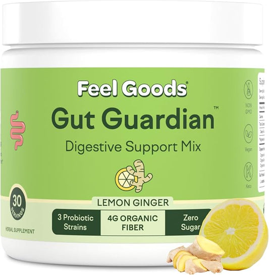 Feel Goods Gut Guardian, Prebiotic & Probiotic Powder, Organic Fiber, Sugar Free, Herbs for Bloat, Gut Health Support, Digestive Health for Men & Women, Non GMO, Vegan | Lemon Ginger, 30 Servings