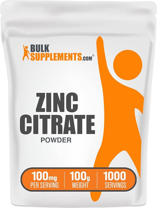BulkSupplements.com Zinc Citrate Powder - Zinc Supplements, Zinc 30mg - Pure Zinc Citrate for Immune Support - Gluten Free, 100mg per Serving, 100g (3.5 oz) (Pack of 1)