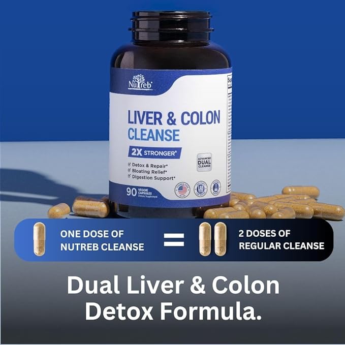 Liver Detox & Colon Cleanse - 2X Stronger Cleanse - Liver Cleanse Detox & Repair - Colon Cleanser & Detox - Premium Liver Support Supplement - Men & Women - Vegan 90 Capsules