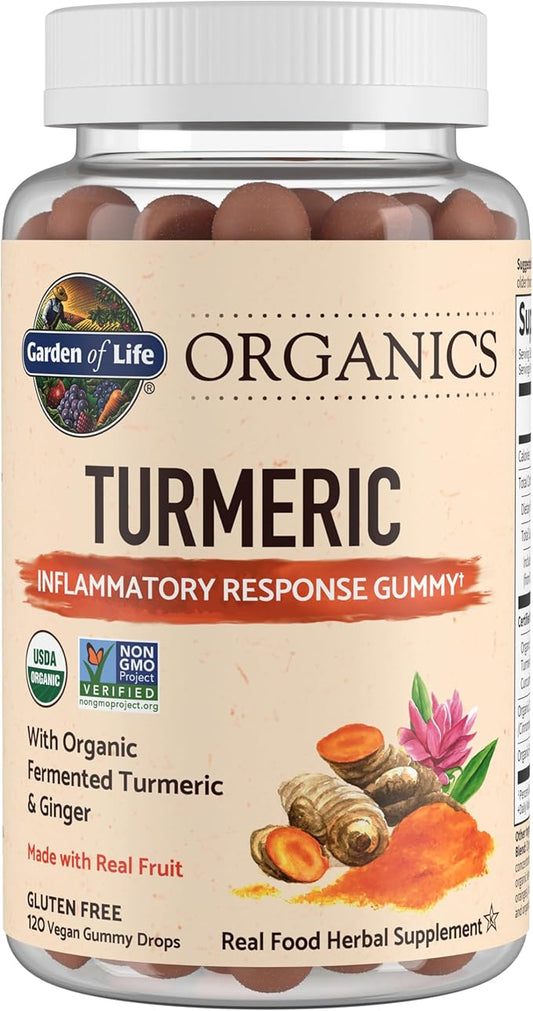 Garden of Life Organics Turmeric Inflammatory Response Gummy - 120 Real Fruit Gummies for Kids & Adults, 50Mg Curcumin (95% Curcuminoids), No Added Sugar, Organic, Non-GMO, Vegan & Gluten Free