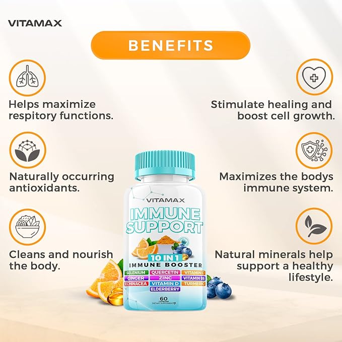 10-in-1 Immune System Support Booster with Elderberry, D3, Selenium, Quercetin, Zinc, Vitamin C, Ginger, Turmeric Curcumin, B6, Echinacea – Natural Immune Defense – Made in USA (60 Count (Pack of 2))