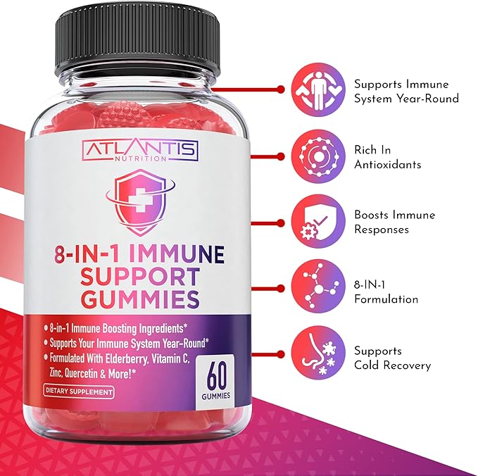 8-In-1 Immune Support Gummies w/ Elderberry - Immune Support Supplement Mix of Elderberry, Quercetin, Zinc & Vitamin C Gummies - Immune Boosters for Adults & Kids, Elderberry Gummies, Immunity Gummies