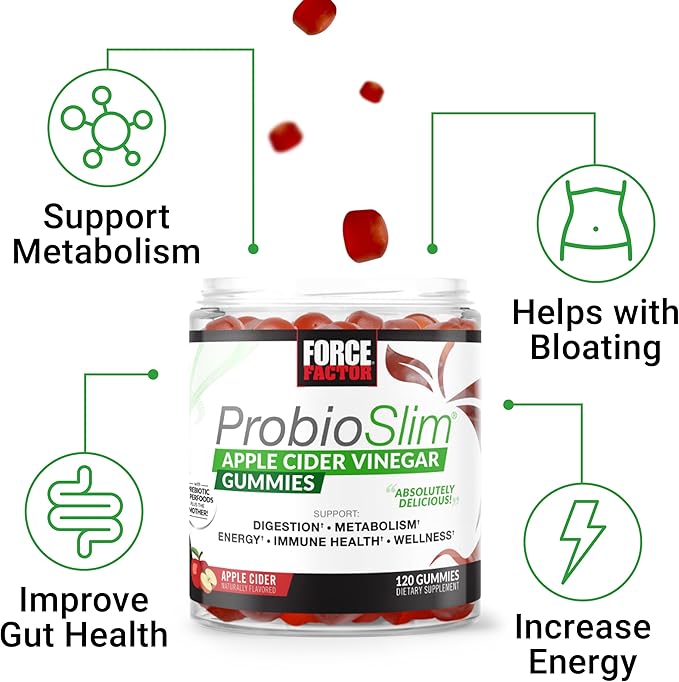 Force Factor ProbioSlim Apple Cider Vinegar Gummies with Organic , LactoSpore Probiotics and Prebiotics to Support Digestion, Metabolism, and Immune Health, 120 Count (Pack of 1)