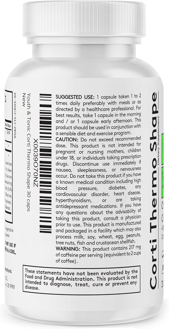Youth & Tonic Thermogenic Supplement 30 Capsules as Advanced Diet Support for Energy Metabolism Focus for Men and Women with Caffeine Chromium Glucomannan Guarana Hoodia Gordonii