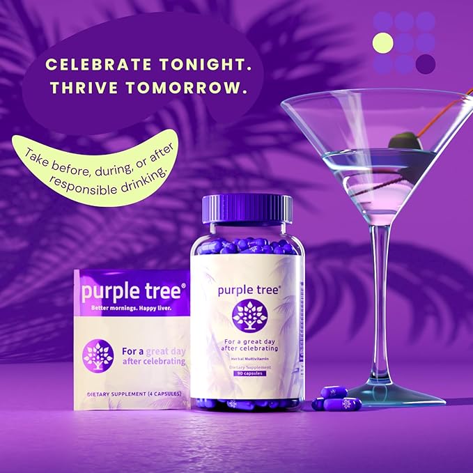 Purple Tree Post-Celebration Wellness | Liver Support, Hydration & Replenisher | Dihydromyricetin DHM, Milk Thistle, Electrolytes, Vitamins | Bachelorette & Bachelor Party Kits, 30 Packets (120 pills)