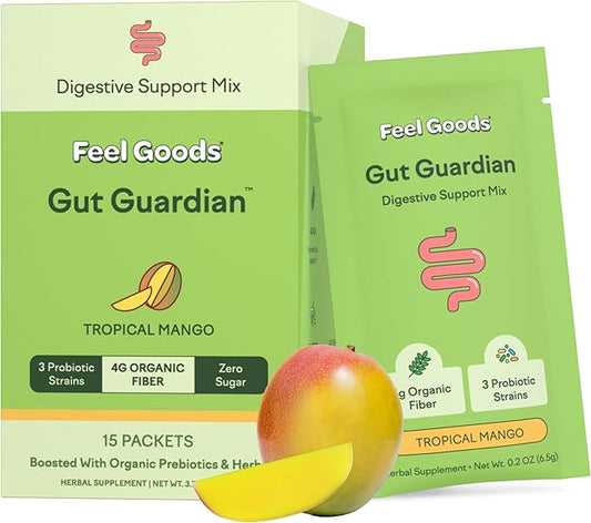 Feel Goods Gut Guardian, Prebiotic & Probiotic Powder, Sugar Free, Organic Fiber, Herbs for Bloat, Gut Health Support, Digestive Health for Men & Women, Non GMO, Vegan | Tropical Mango, 15 Servings