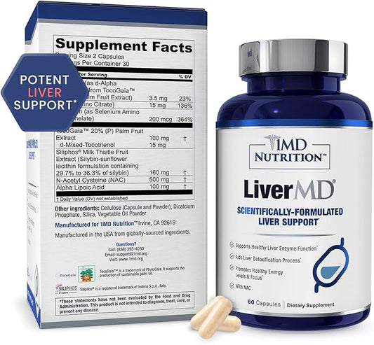1MD LiverMD - Liver Support Supplement | Siliphos Milk Thistle Extract - Highly Bioavailable, for Liver Support | 60 Capsules