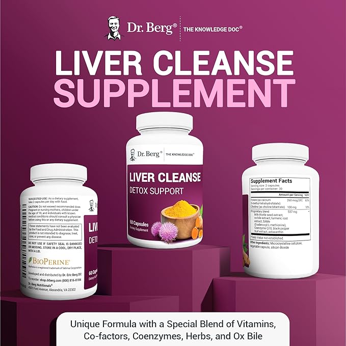 Dr. Berg Liver Cleanse Detox Capsules w/Unique Blend of Milk Thistle, Ox Bile & Folate - Liver Supplement Includes Turmeric, Black Pepper & Choline - 60 Capsules