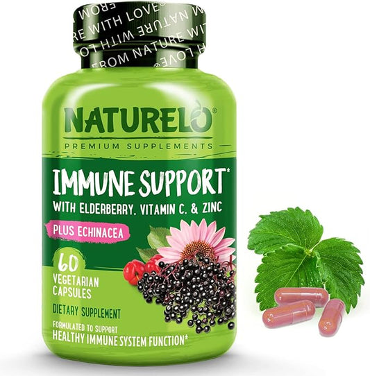 NATURELO Immune Support – Vitamin C, Elderberry, Zinc, Echinacea – Natural Immunity Boost w/Antioxidant, Herbal & Mineral Defense - 60 Vegan Capsules