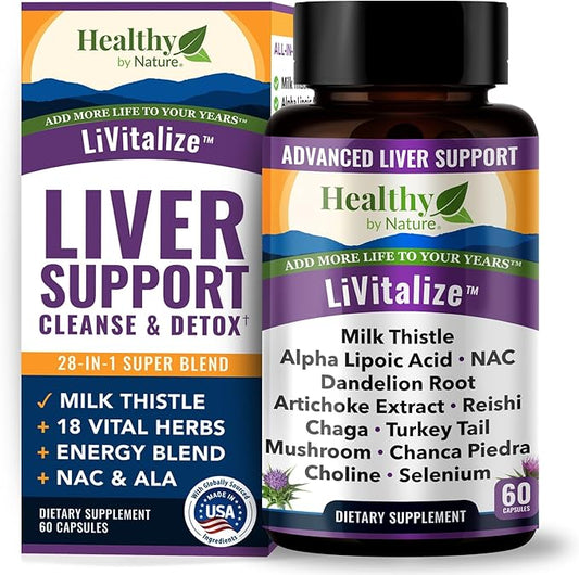 LiVitalize 28-in-1 Liver Health Support with Milk Thistle – Liver Cleanse & Detox Supplement - Dandelion NAC Alpha Lipoic Acid Artichoke Reishi Chaga Turkey Tail Mushroom Formula 1540mg, 60 Capsules