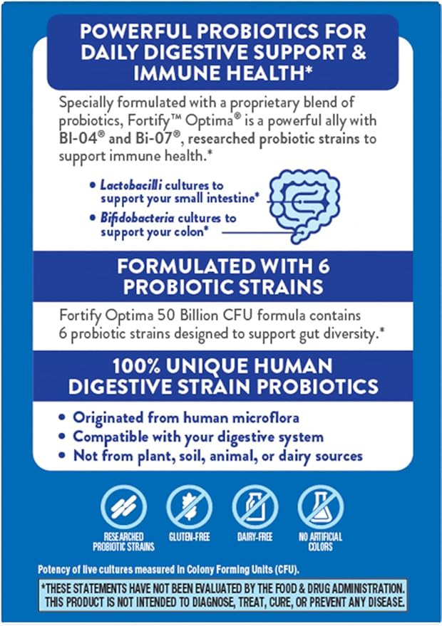 Nature's Way Fortify Optima Probiotic for Men and Women, 50 Billion Live Cultures, 6 Strains, Supports Digestive and Immune Health*, 30 Capsules (Packaging May Vary)