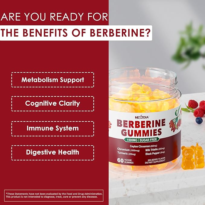 2 Pack - Berberine Gummies 1500mg Sugar Free, Organic Berberine Supplement w/Ceylon Cinnamon, Chromium, Turmeric, Milk Thistle for Metabolism, Berberine HCl from Indian Barberry Extract, Vegan