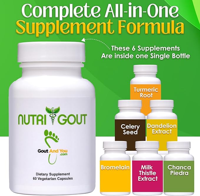 NutriGout Uric Acid Cleanse Supplement w/Turmeric, Celery Seed, Bromelain, Milk Thistle, Dandelion and Chanca Piedra, 60 Vegetarian Capsules of 500 mg Each