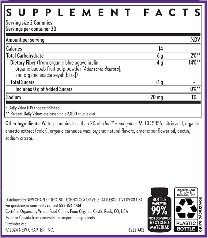 New Chapter Organic Fiber Gummies for Adults, up to 8g Plant-Based Prebiotic Fiber for Digestive Health, Vegan, Non-GMO, USDA Organic, Gluten Free, Citrus-Berry Flavored, 60 ct