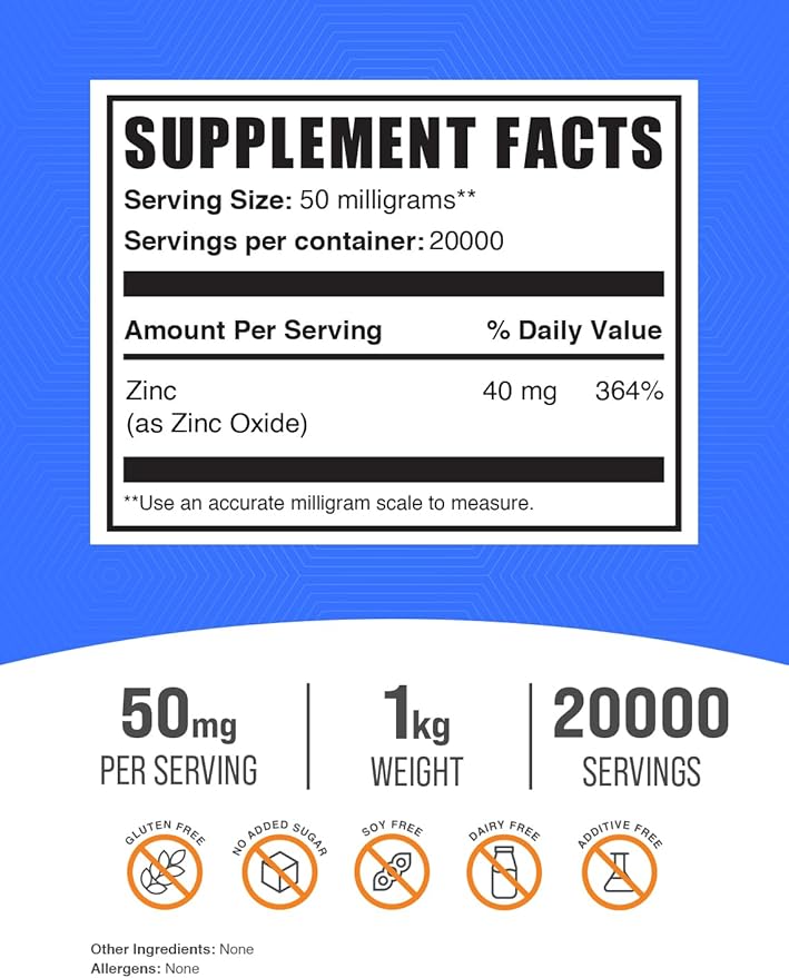 BulkSupplements.com Zinc Oxide Powder - Zinc 40mg, Zinc Oxide Supplement, Zinc Powder for Immune Support - Gluten Free, 50mg per Serving, 1kg (2.2 lbs) (Pack of 1)