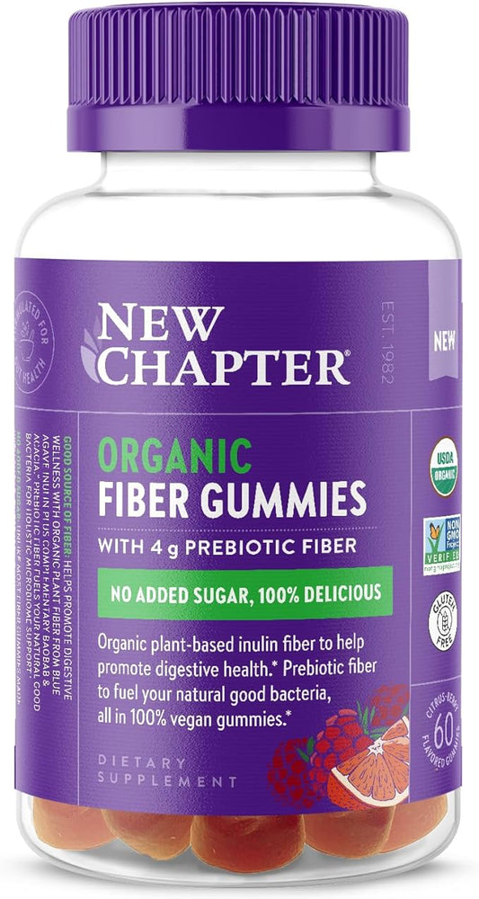 New Chapter Organic Fiber Gummies for Adults, up to 8g Plant-Based Prebiotic Fiber for Digestive Health, Vegan, Non-GMO, USDA Organic, Gluten Free, Citrus-Berry Flavored, 60 ct